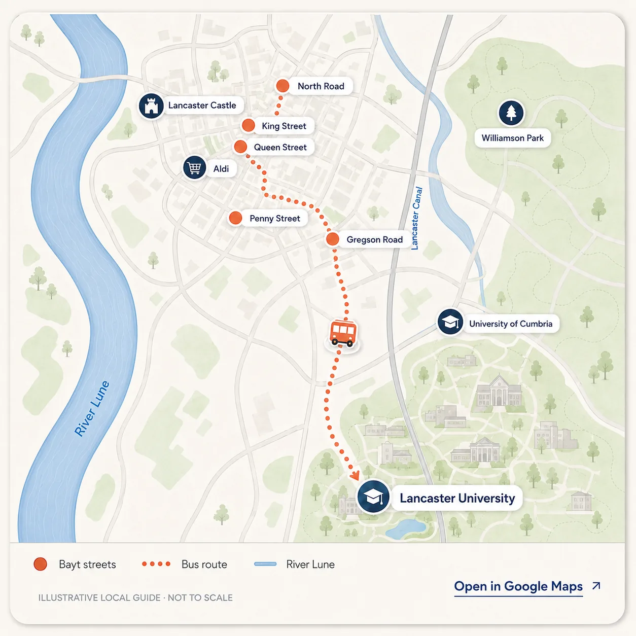 Illustrated Lancaster guide showing Bayt streets, the bus route, Lancaster Canal, local landmarks and Lancaster University.