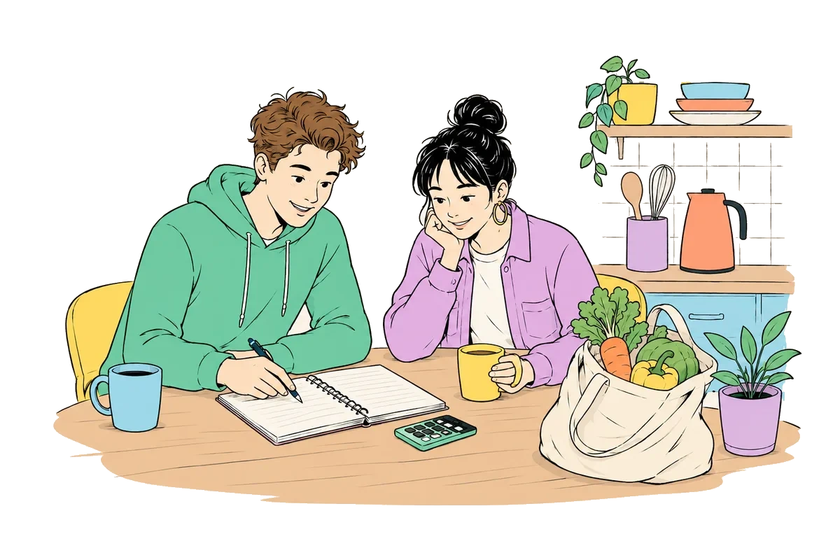 Two students planning their household budget together