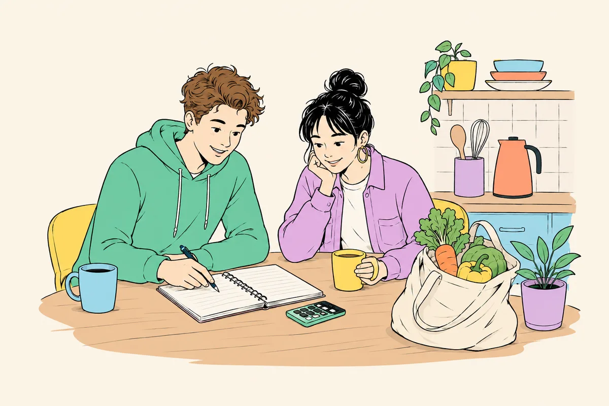 Two students at a kitchen table working out a budget with a notebook, calculator and a bag of groceries