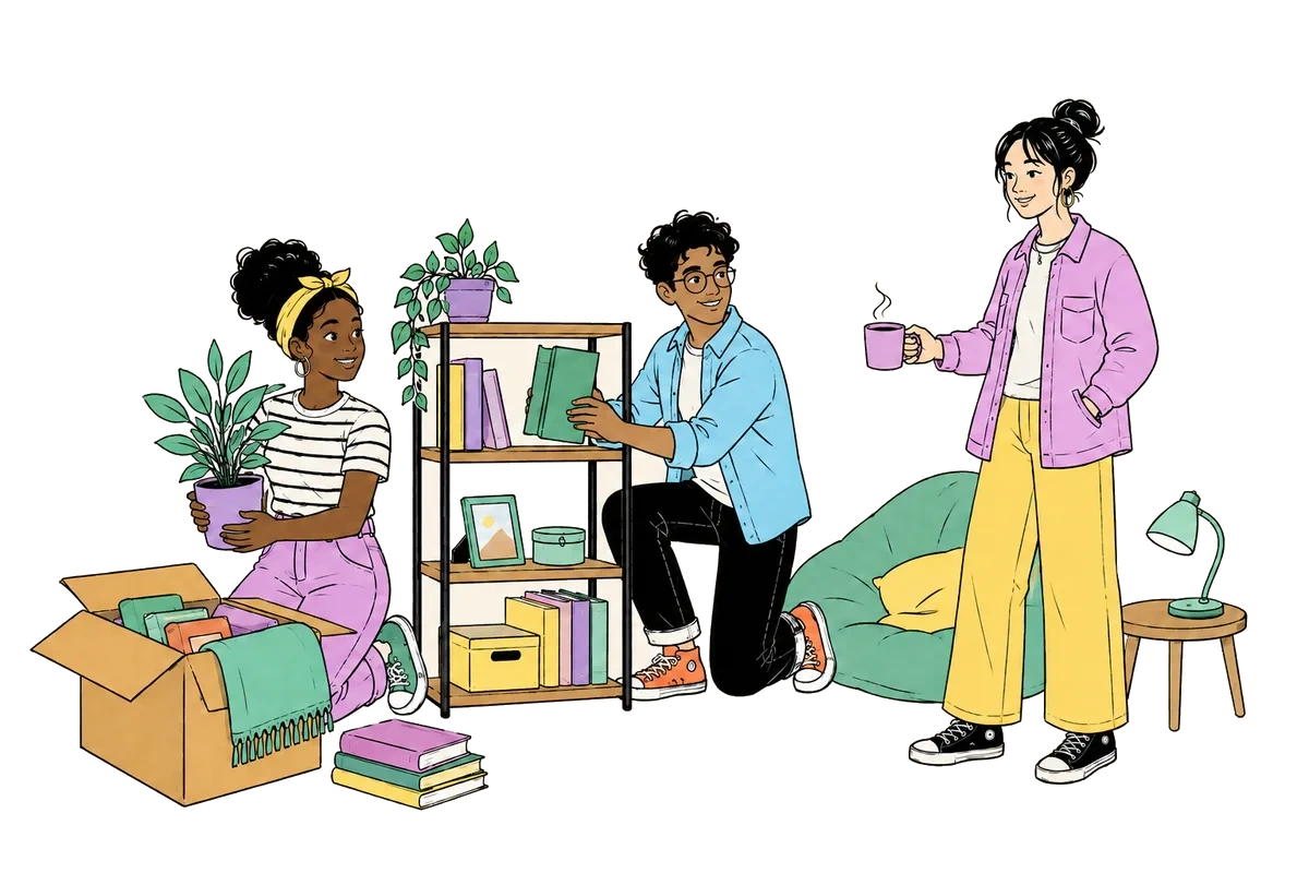 Student housemates unpacking books and making their new home their own