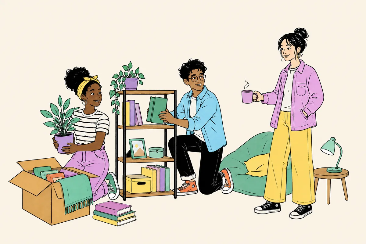 Three students unpacking a shared living room, filling a bookshelf and lifting plants and books out of a box