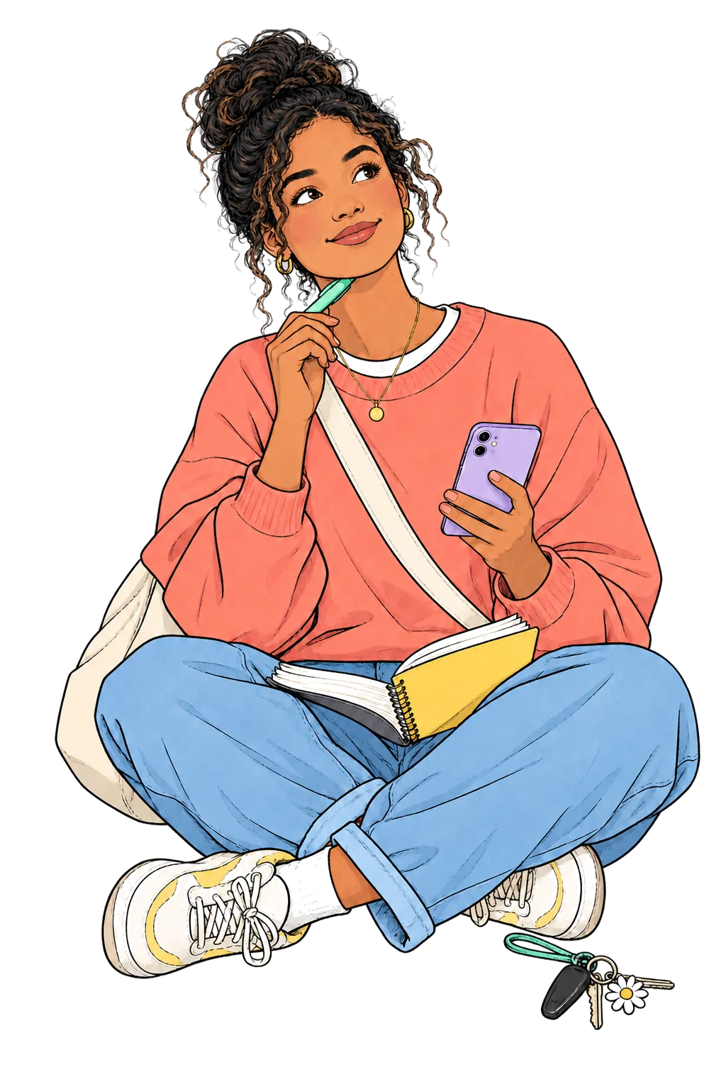 A student sitting cross-legged with a notepad and phone, pausing to think of a question