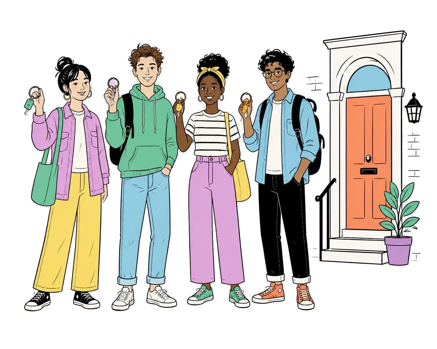 Four housemates standing outside a front door, each holding their own key