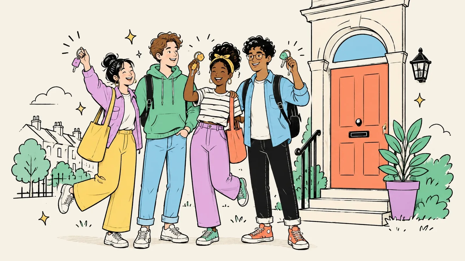 Four students outside a coral front door, each holding up a key, with bags over their shoulders and a row of terraced houses behind them