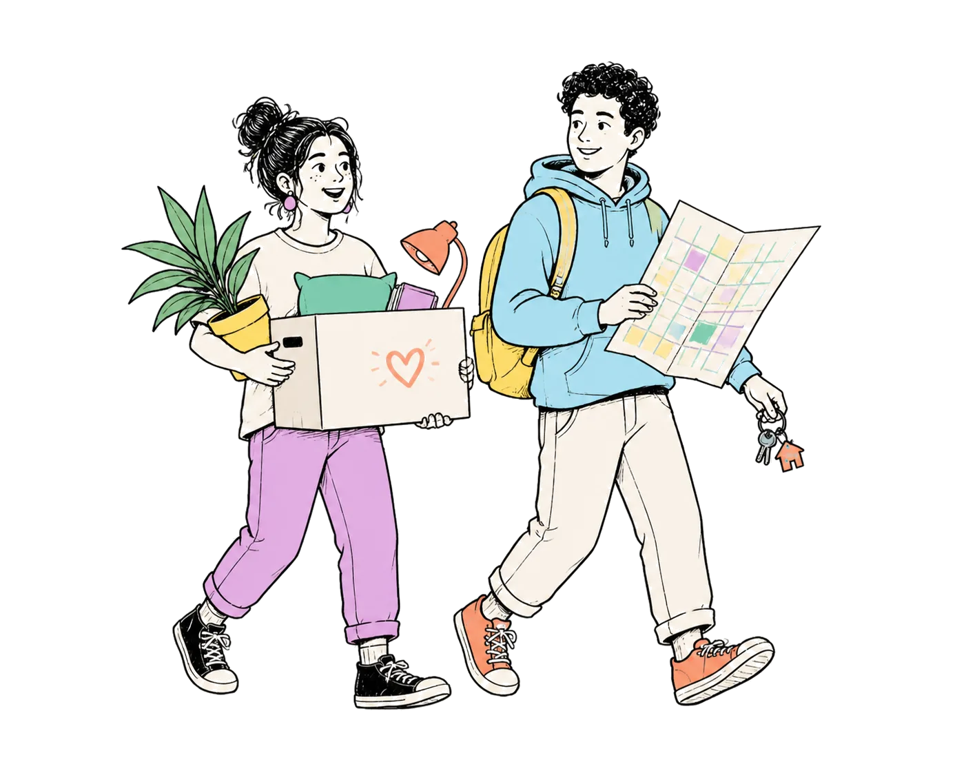 Students carrying boxes, a map and keys on move-in day