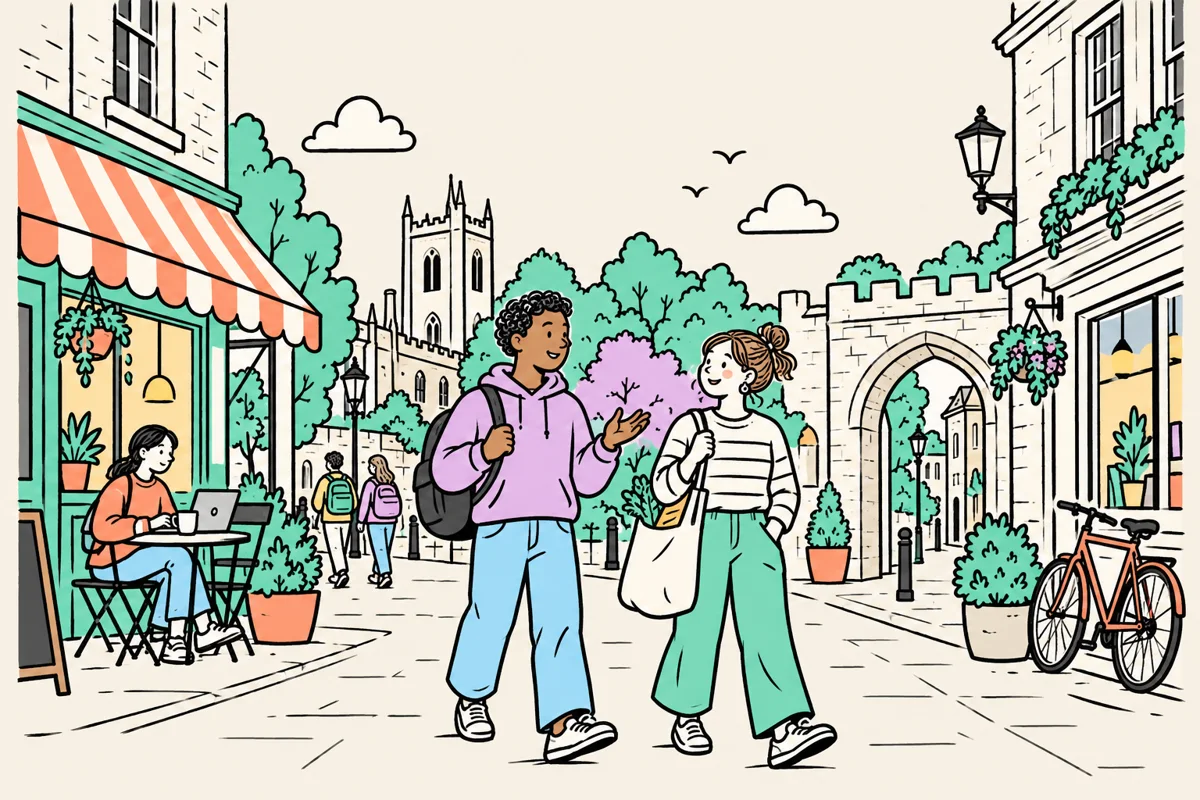 Illustration of students with shopping bags beside a café on a Lancaster-inspired city street