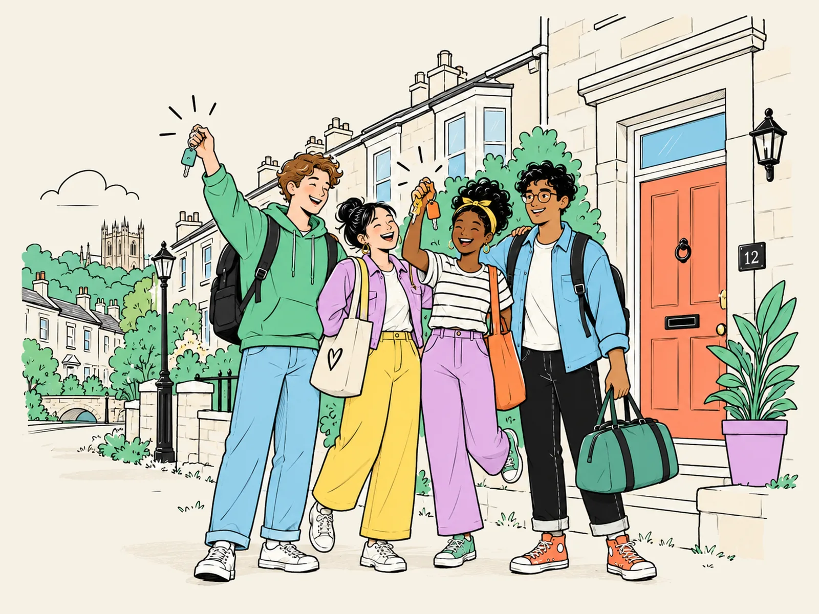 Four students outside a coral front door on a Lancaster terrace, two of them holding up keys, with bags and a holdall between them and the priory on the skyline behind
