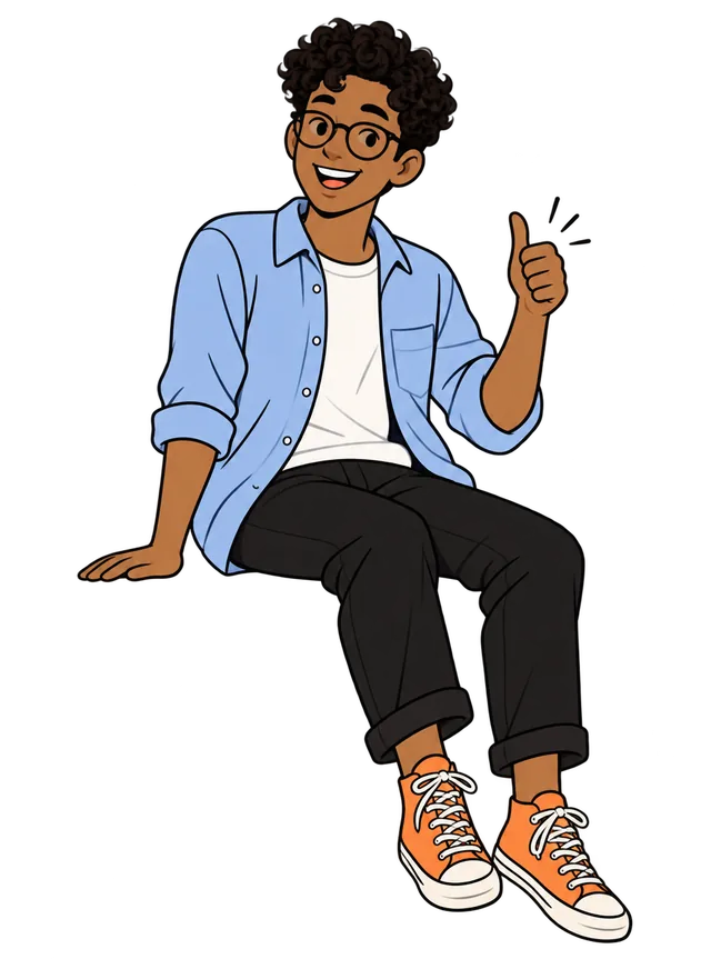 Smiling student in glasses, a blue shirt and orange trainers sitting on the edge of a Bayt tenant review card and giving a thumbs up