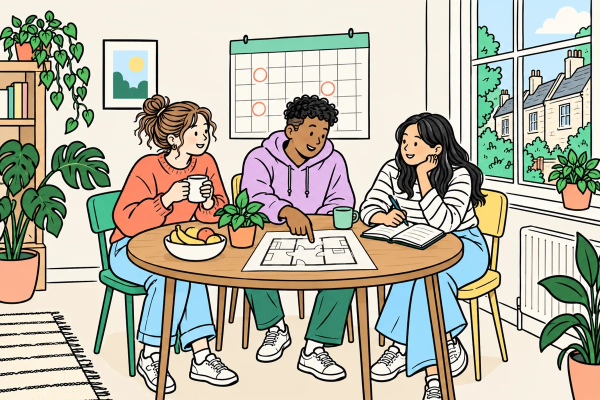 Illustration of three student housemates planning their next home around a kitchen table