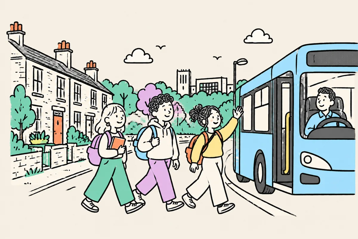 Illustration of three students heading from a Lancaster-style street to a campus bus