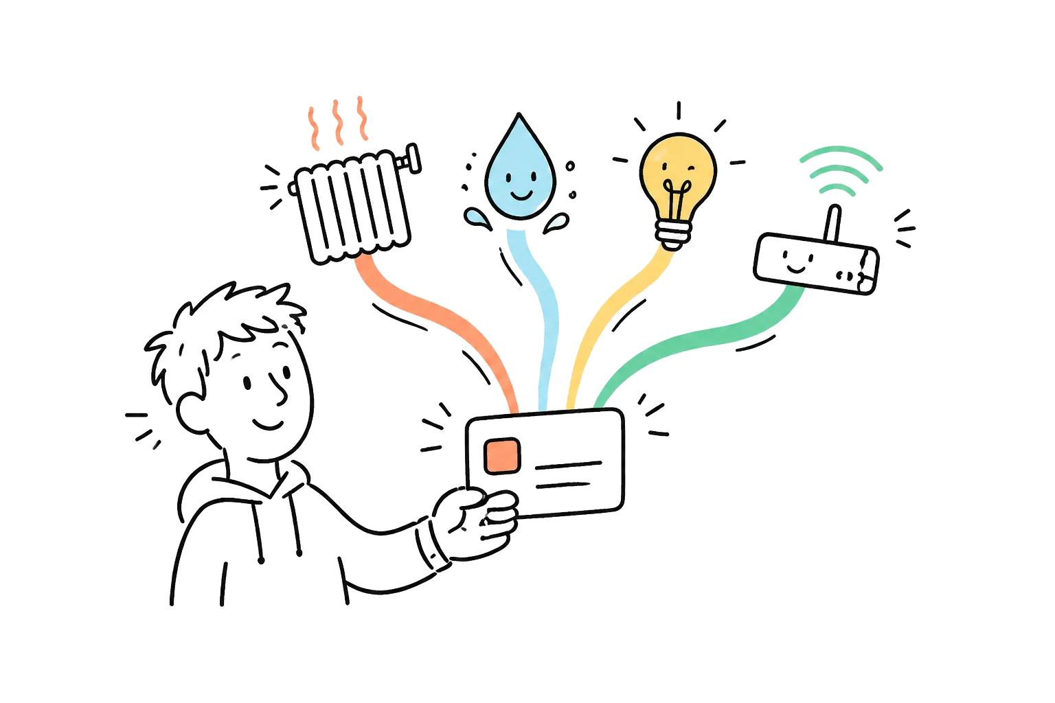 A student holding one bill, with coloured lines running from it out to a radiator, a water drop, a lightbulb and a wifi router