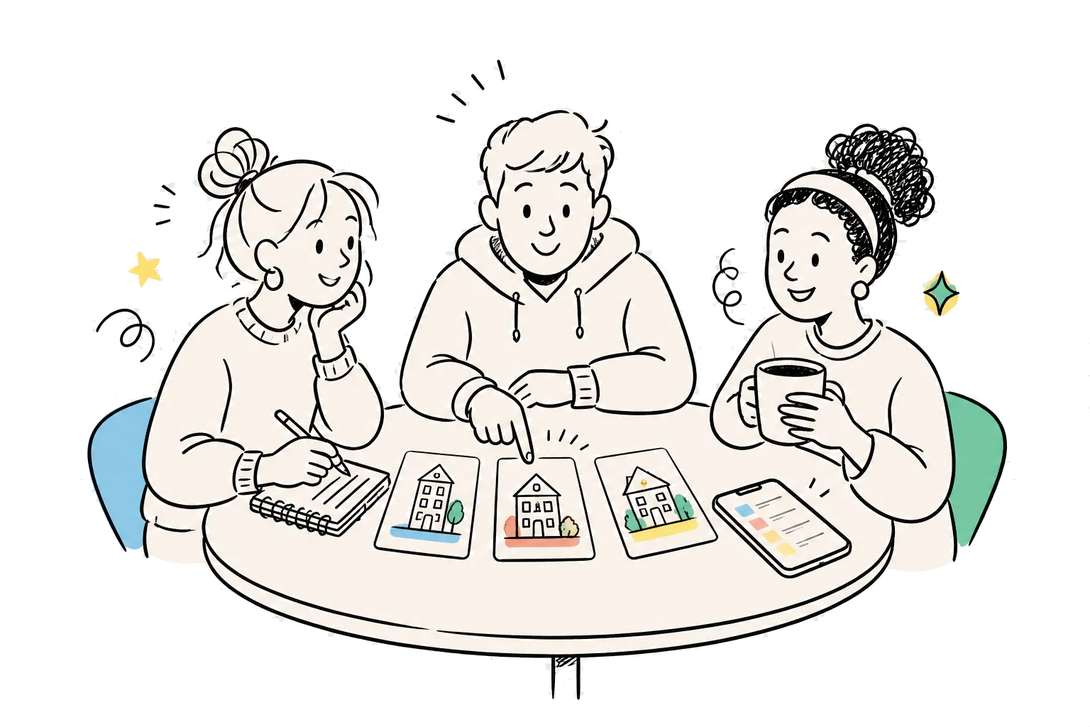 Three students around a table comparing three house cards, one of them pointing at the middle card, with a notebook and a phone beside them