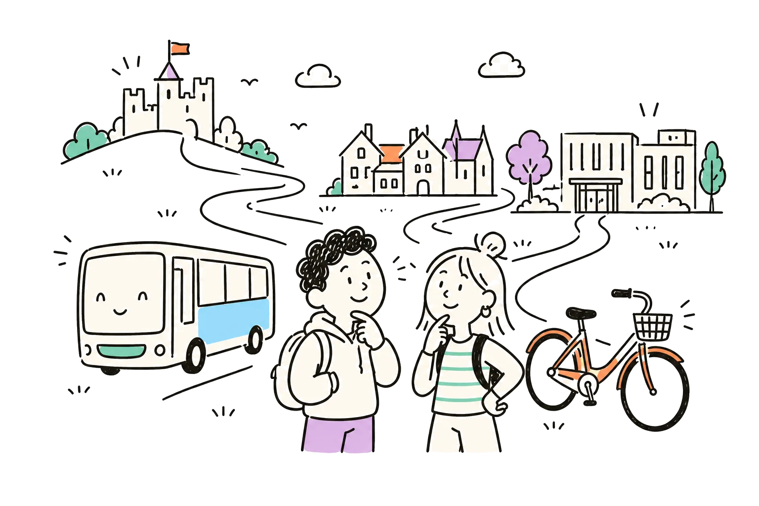Two students with backpacks standing between a bus and a bike, with paths behind them leading to a castle, a row of houses and a campus building