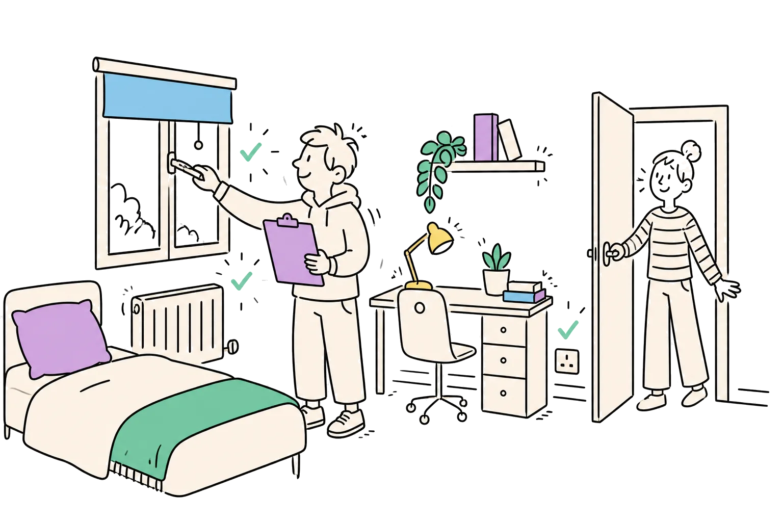 A student with a clipboard checking the window catch in a furnished bedroom while another student opens the door