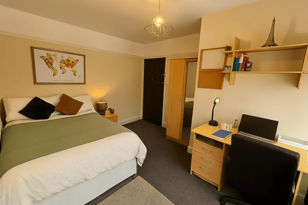 Furnished Fairfield student bedroom with double bed, wardrobe and study desk