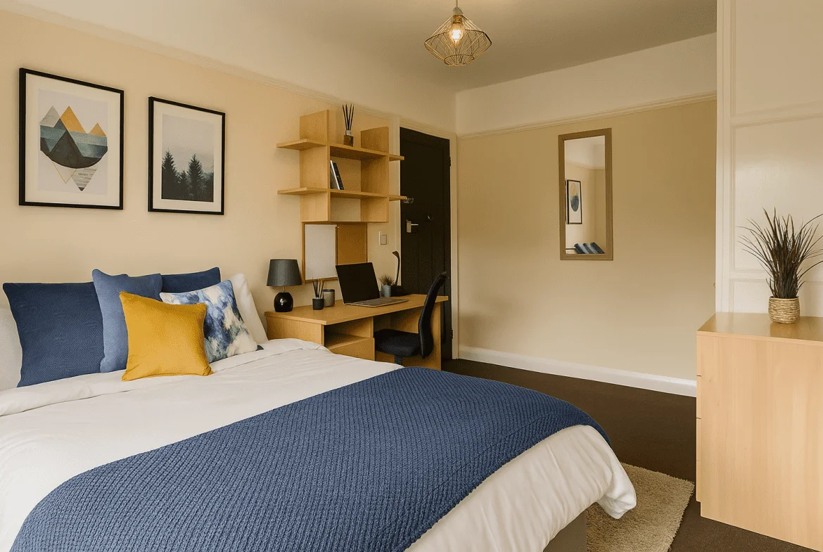 Bright furnished bedroom with study desk in Bayt student accommodation