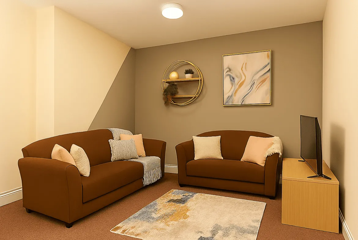 Shared living room with two sofas in a Bayt student house in Lancaster