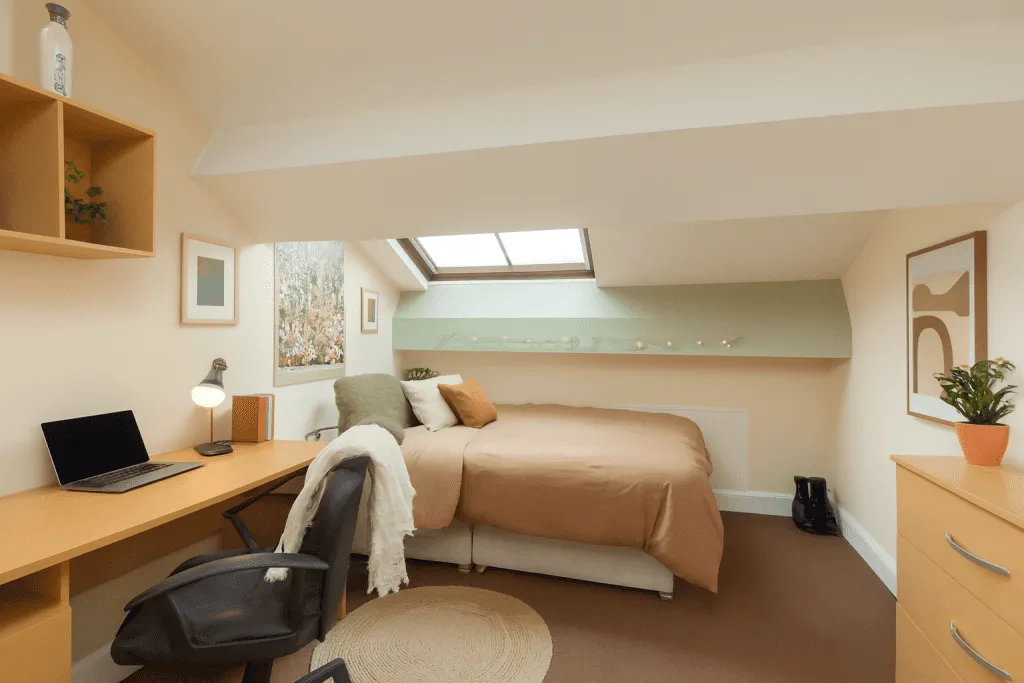Furnished bedroom in Bayt eight bed student house on Queen Street, Lancaster