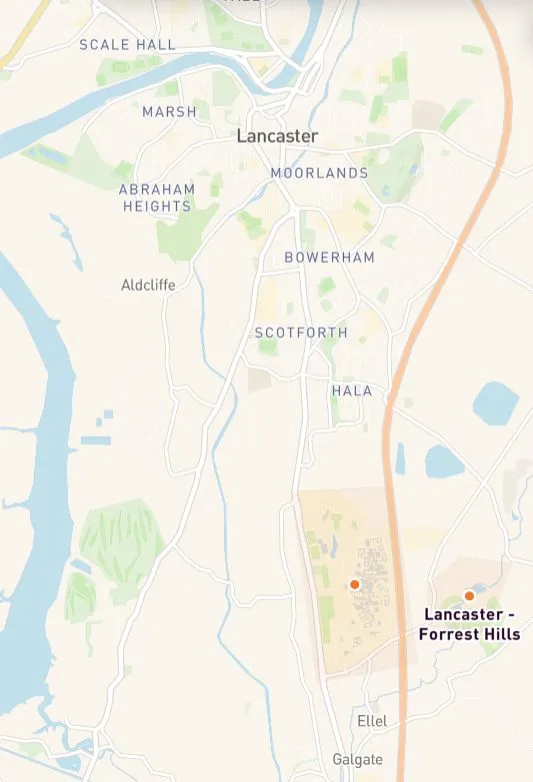 Lancaster city centre map showing student accommodation locations near universities shops and transport. Map showing best student areas to live in Lancaster near universities, map of student areas in Lancaster showing key locations and transport links