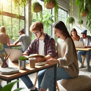 Students studying in a naturally lit room. Alt text_ Students Studying in Naturally Lit Eco-Friendly Student Accommodation