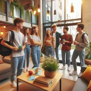 Happy students moving into their new accommodation for students and socialising in a shared common area
