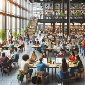 Students studying and socializing in a vibrant student hub at Lancaster University Campus Library