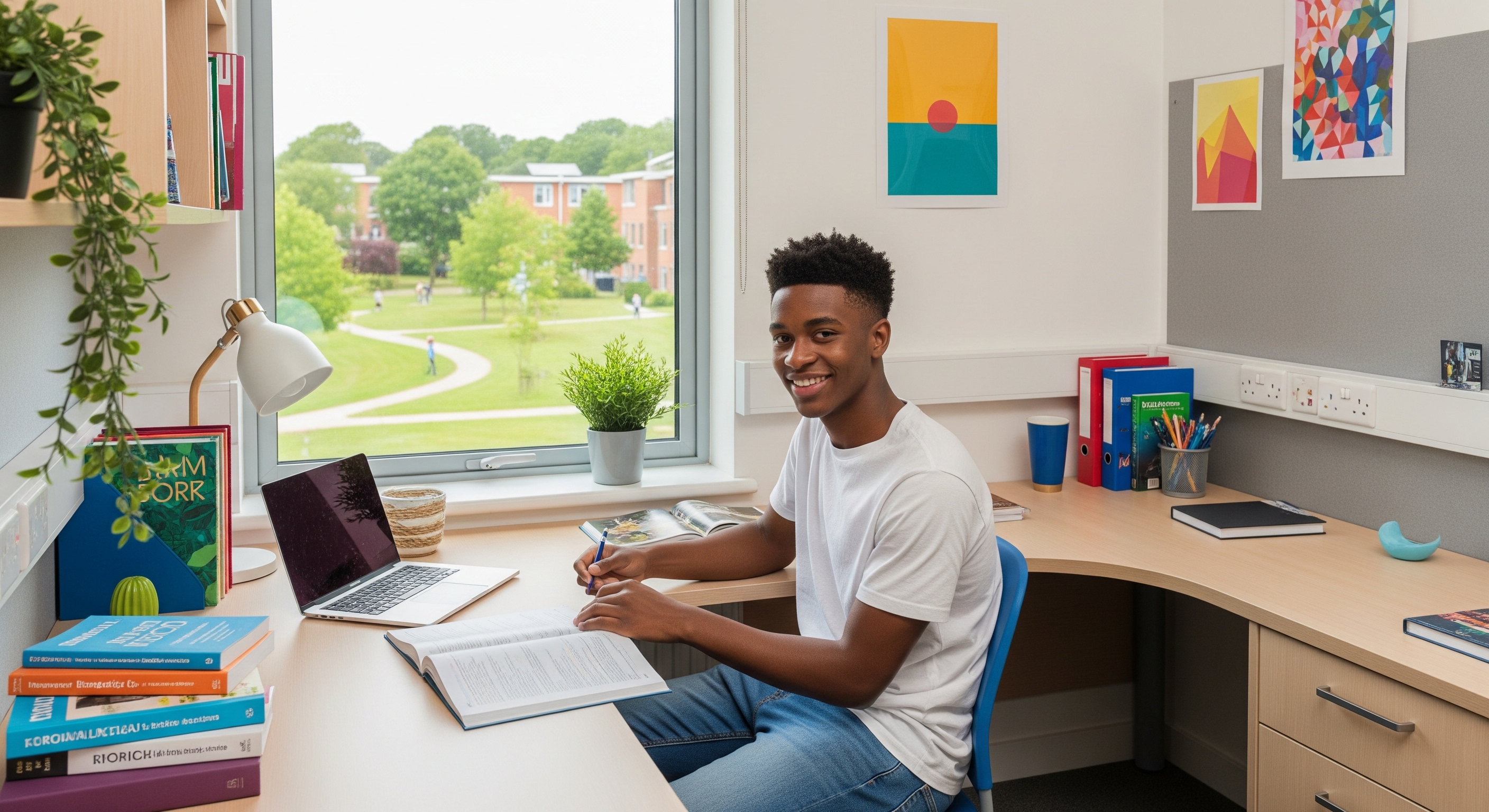 A young, male student smiling and studying diligently at a tidy desk in a bright, modern student accommodation room, with a laptop, textbooks, and a window view of a green campus, creating a calm and focused atmosphere.