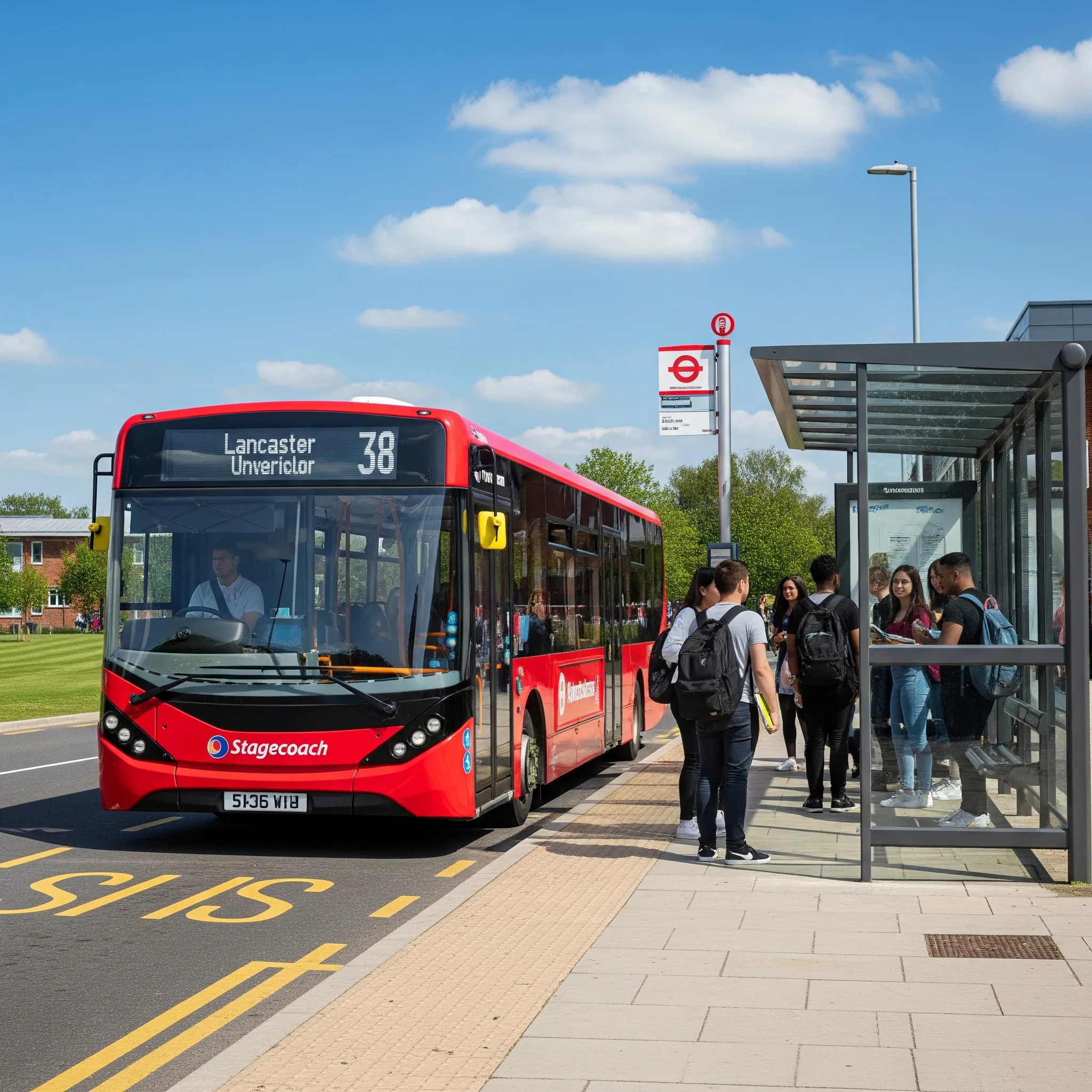 Exterior of University House student accommodation by Bayt in Lancaster, showing the bus stop and passing double-decker bus on a main road. Lancaster University Stagecoach bus