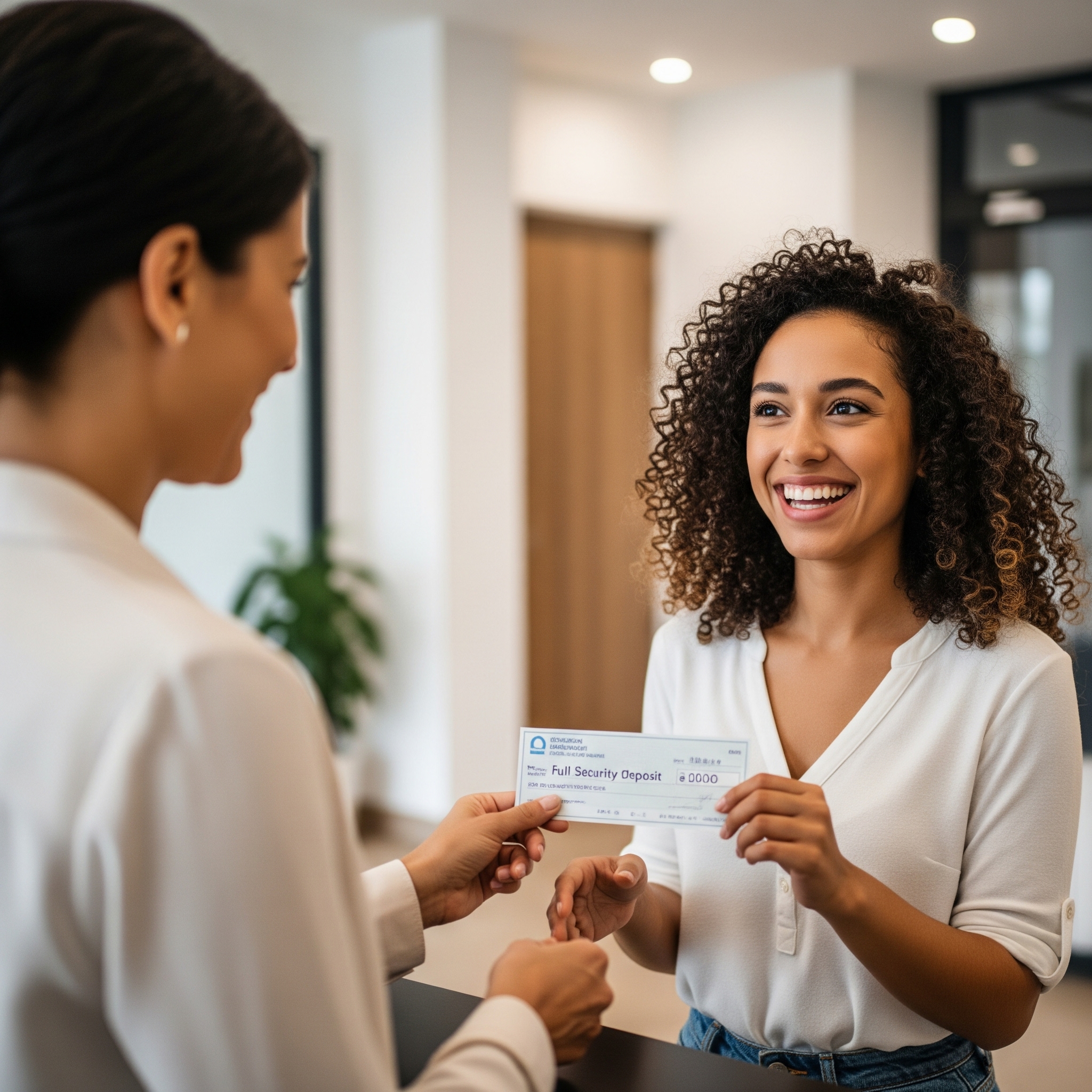 A happy tenant receiving her full security deposit back from a landlord, illustrating the successful outcome of a thorough end-of-tenancy clean.