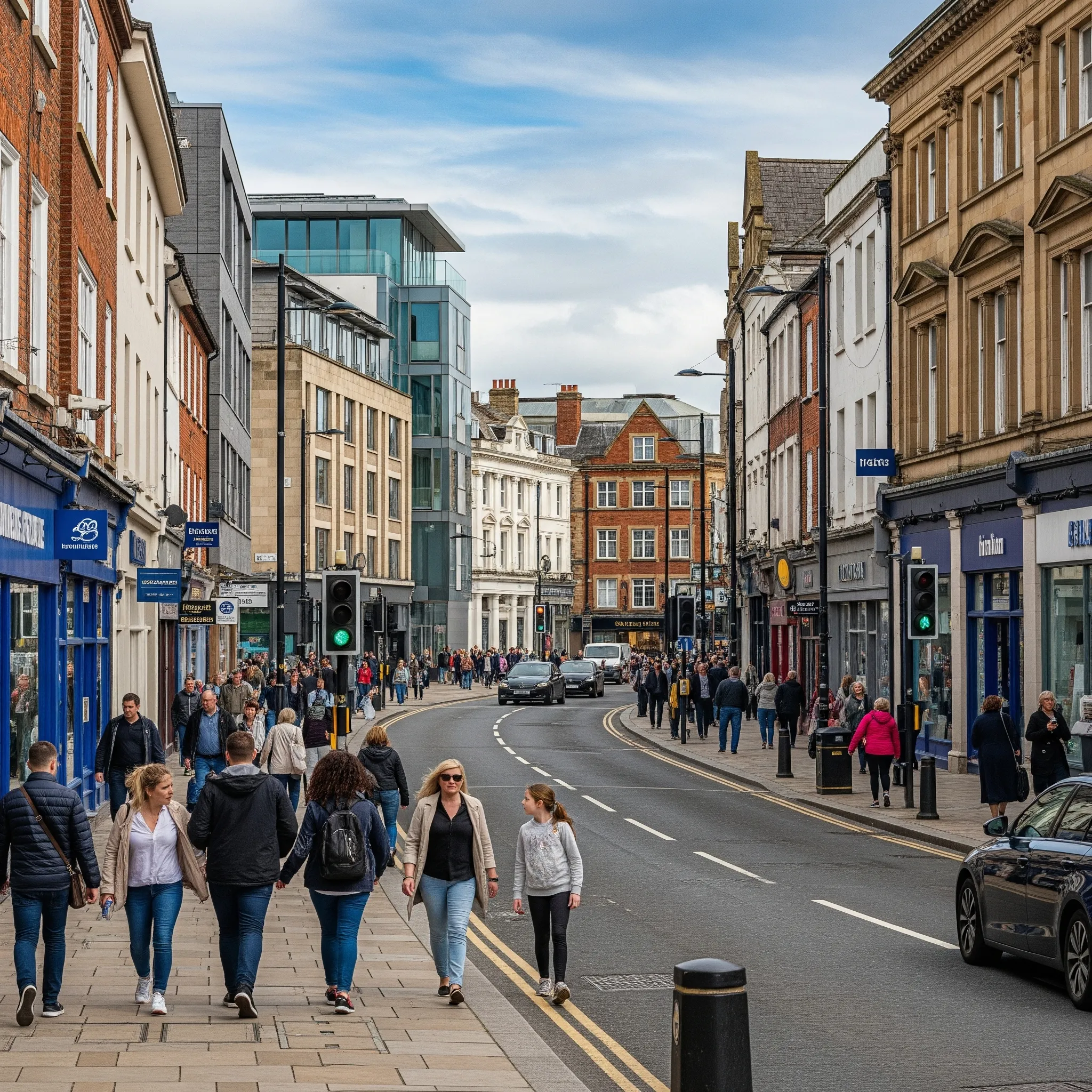 A lively city street scene in Lancaster with shops and people, illustrating urban transport