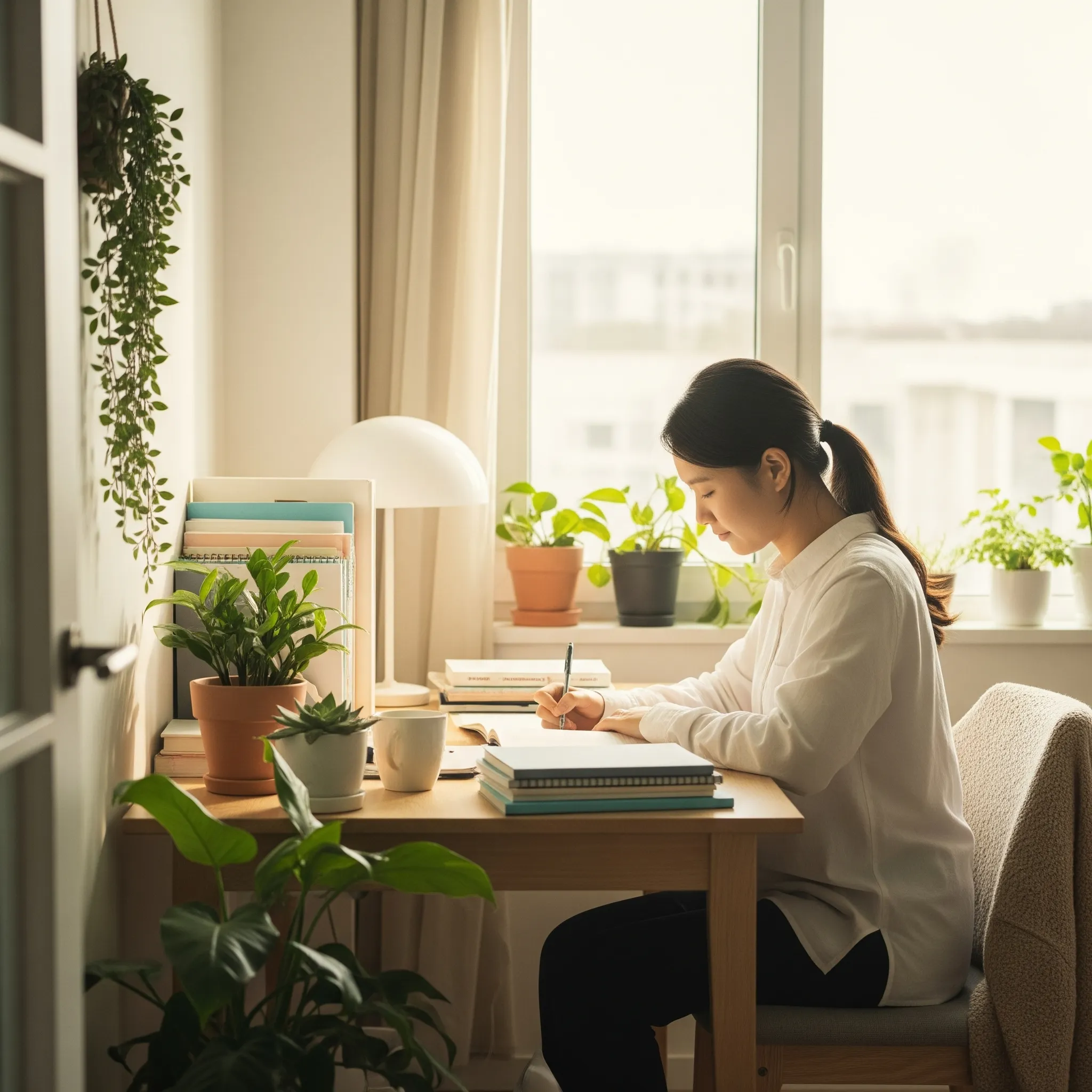 Mental Health Tips for Lancaster Students:: A student studying in a calm and peaceful environment, illustrating student wellbeing.