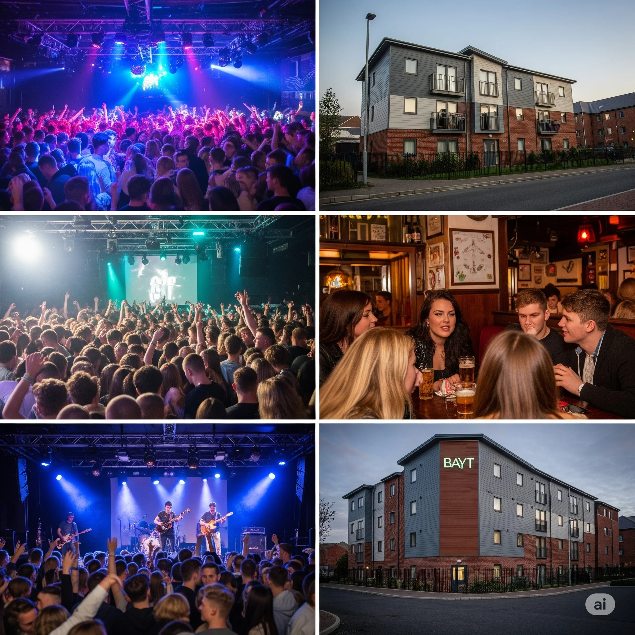 A vibrant collage of students enjoying different aspects of Lancaster nightlife, a busy club, a cosy pub with friends, a live music gig, and an external shot of a modern Student accommodation building at dusk