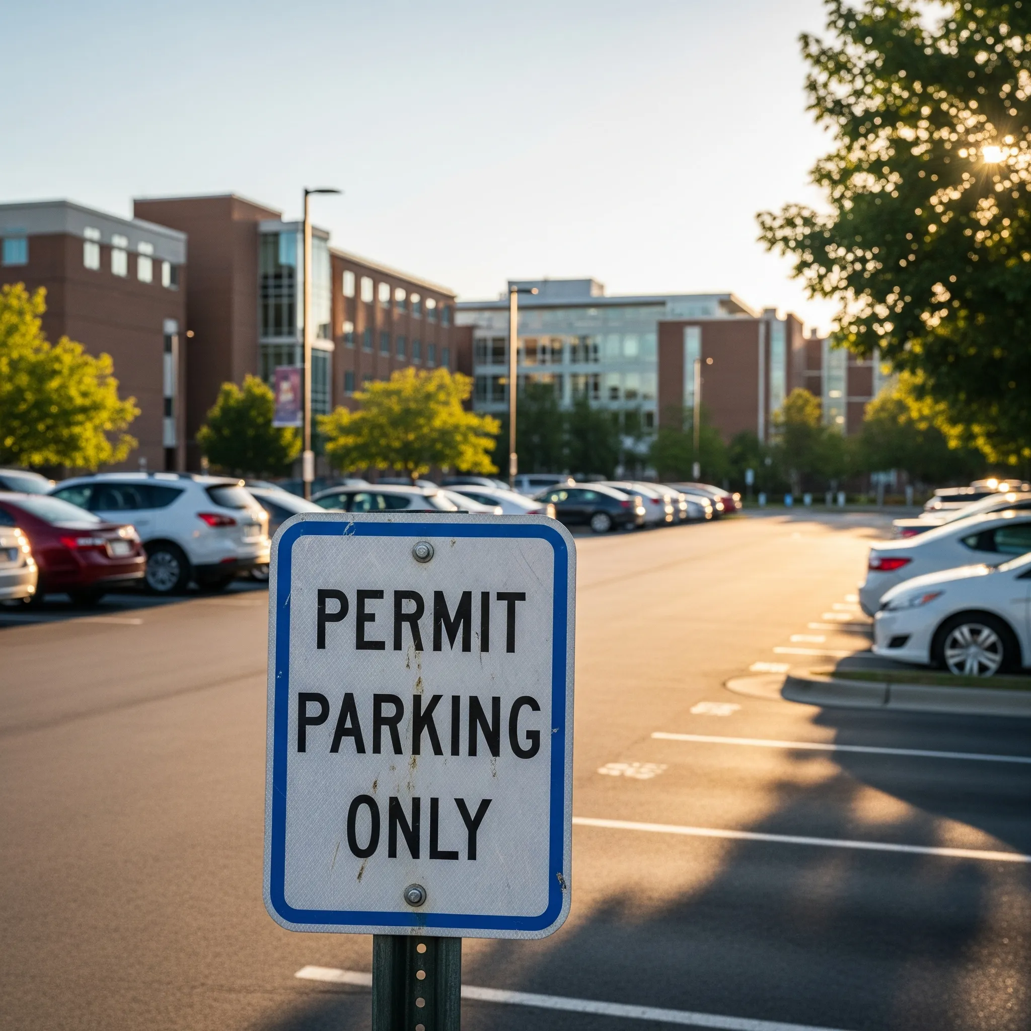A clear sign for 'Permit Parking Only' at a university campus car park