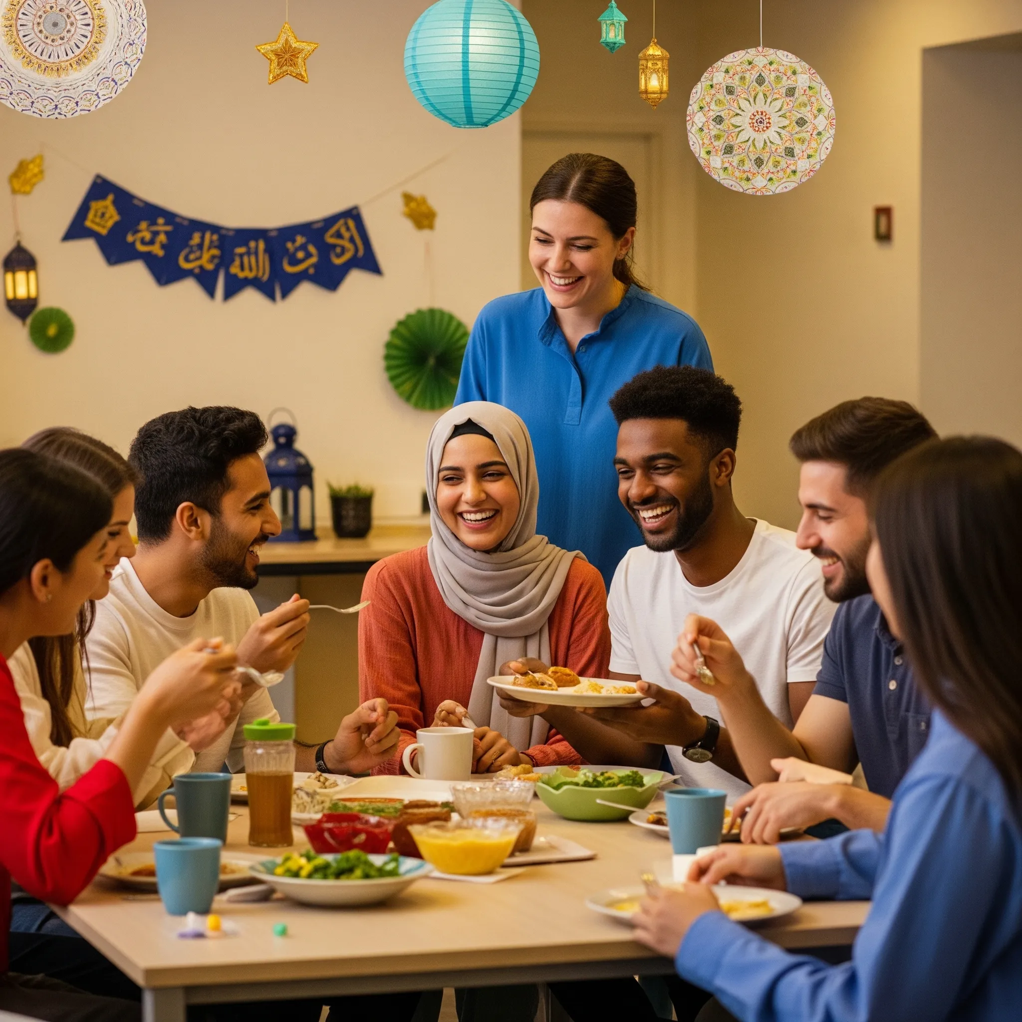 Housemates in a 5 bed student house in Lancaster enjoying breakfast together in their modern kitchen. Students celebrating Eid al-Adha in their Lancaster student accommodation common room