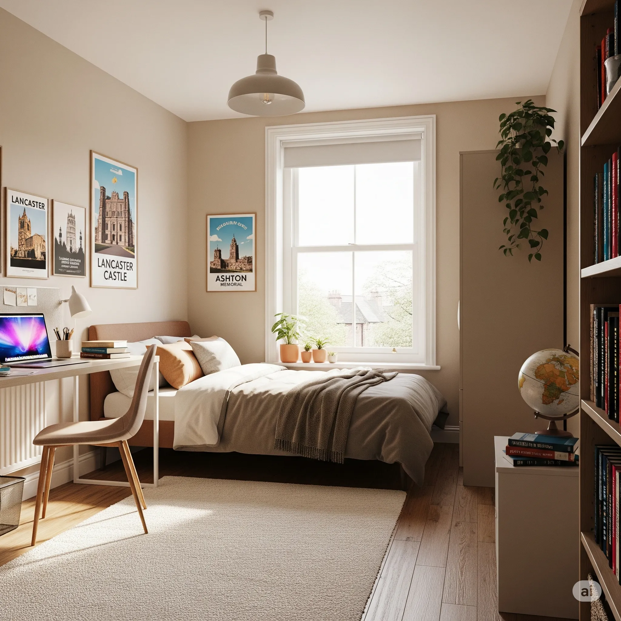 A comfortable and well-lit student room to rent in Lancaster, ideal for studying and relaxation, with a desk, bed, and natural light, suitable for students.