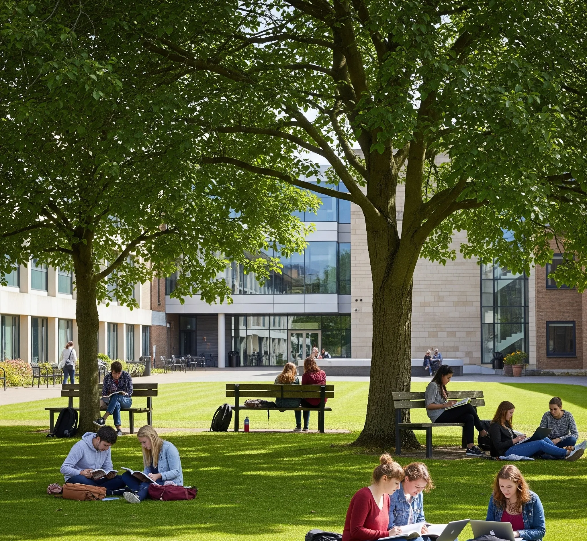 Students studying on the green campus, considering the question: Is Lancaster a prestigious university?