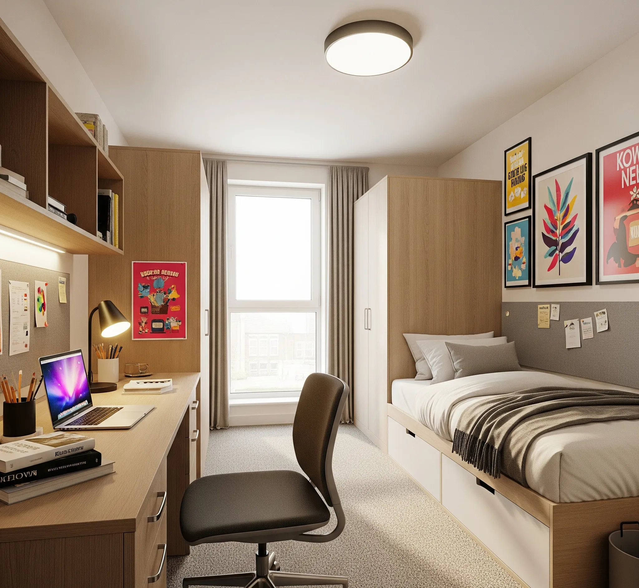 A well-furnished student room in Bayt's Lancaster University approved student accommodation, featuring a desk, bed, and storage. perfect for Lancaster University students.