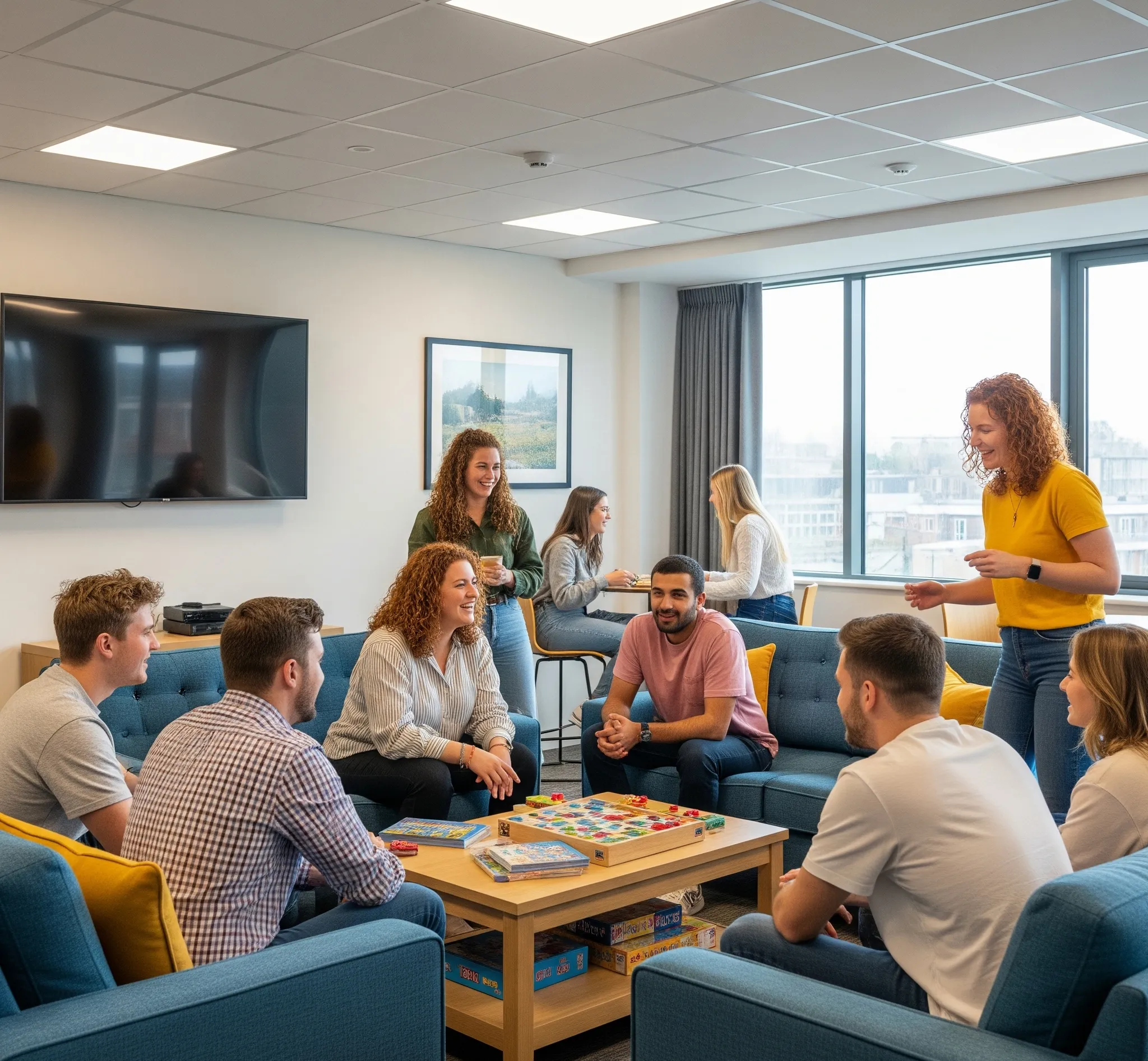 A group of students socialising in a common room at a Lancaster University approved student accommodation provided by Bayt.
