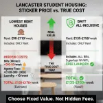 Infographic comparing sticker price vs. true cost of affordable student housing in Lancaster, highlighting Bayt's all-inclusive value.