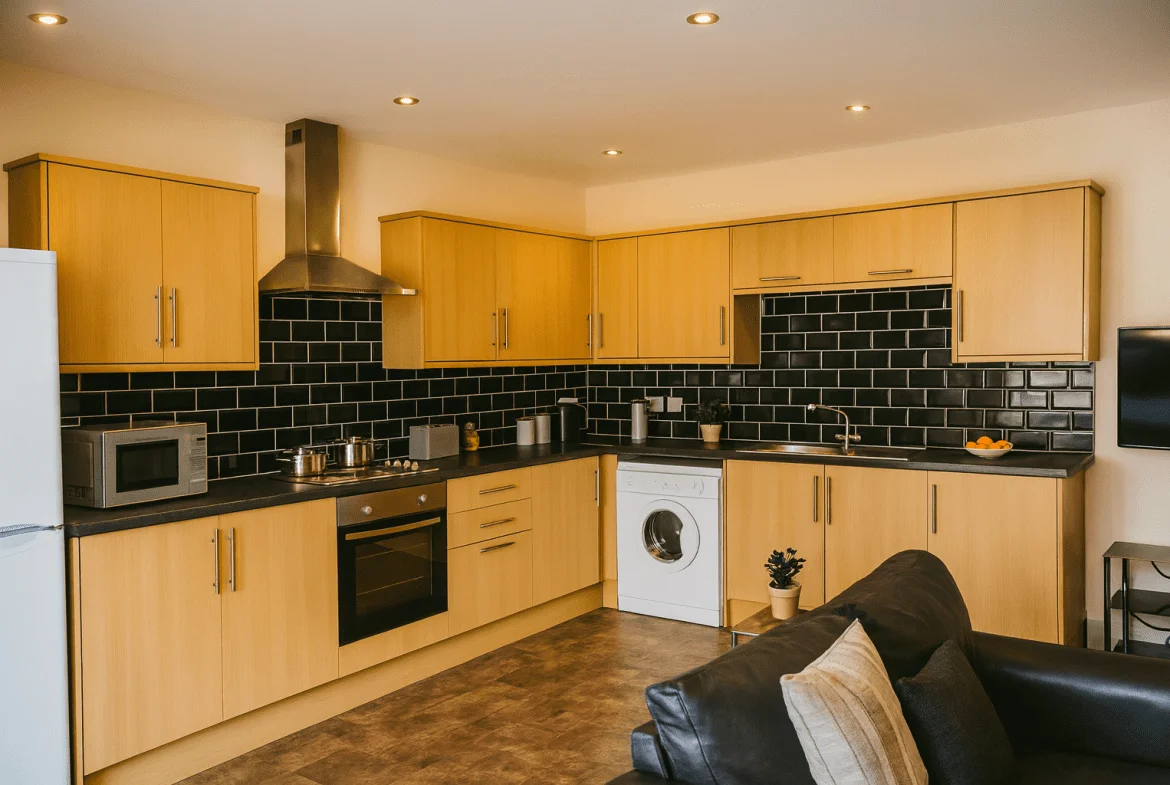 Modern shared kitchen in a Bayt student house in Lancaster, where housemates cook and share Eid meals