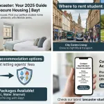 Infographic for Student Lettings Lancaster guide featuring a modern student bedroom, a comparison of city centre vs university locations, affordable bills-included icons, and Bayt Student Accommodation contact details on a smartphone.