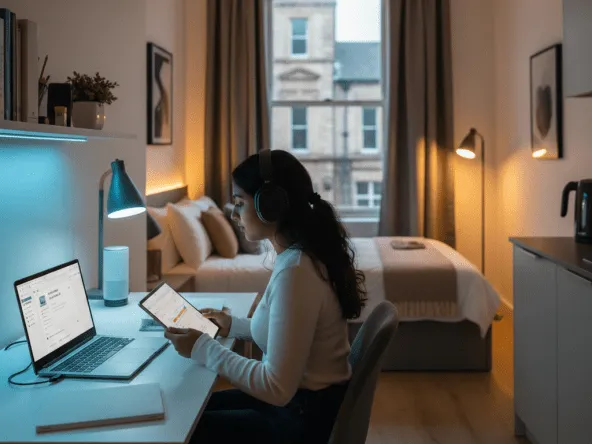 Lancaster University student using smart technology in a studio flat: cool blue light for focus at the desk, warm amber light in the background (sleep zone), with a laptop and tablet for AI study tools.